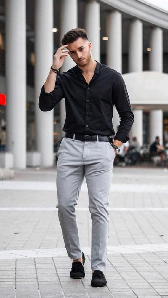 What to Wear With Grey Pants  Black shirt outfit men Short sleeve dress  shirt men Black shirt outfits